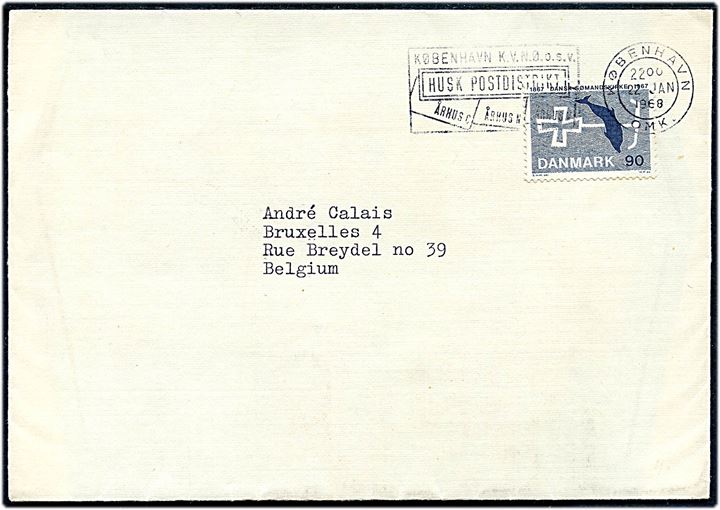 90 øre Dansk Sømandskirke single på brev fra København d. 22.1.1968 til Bruxelles, Belgien.