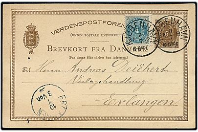 6 øre helsagsbrevkort opfrankeret med 4 øre Tofarvet annulleret lapidar Kjøbenhavn KB d. 8.7.1886 til Erlangen, Tyskland.
