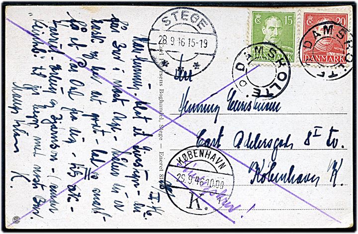 15 øre og 20 øre Chr. X på brevkort (Møensbroen) sendt som søndagsbrevkort annulleret udslebet stjernestempel DAMSHOLTE og sidestemplet Stege d. 28.9.1946 til København.