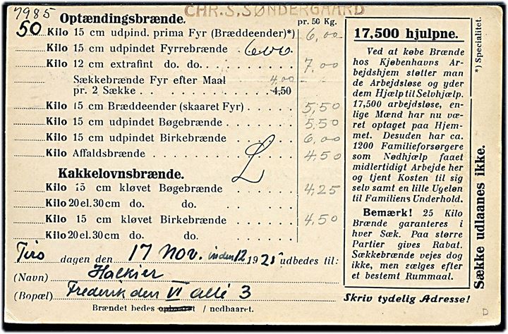 8 øre Bølgelinie på lokalt brevkort i København d. 15.11.1925 til Københavns Arbejdshjem. Bestillingskort på brænde med fortrykt information på bagsiden om Københavns Arbejdshjems støtte til arbejdsløse.
