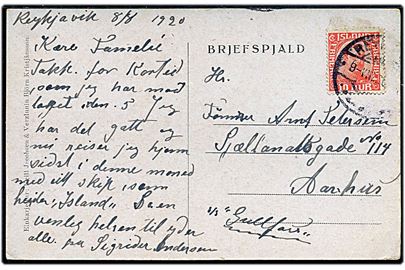 10 aur Chr. X på brevkort fra Reykjavik d. 9.8.1920 til Aarhus, Danmark. Påskrevet skibsnavn: S/S Gullfoss.