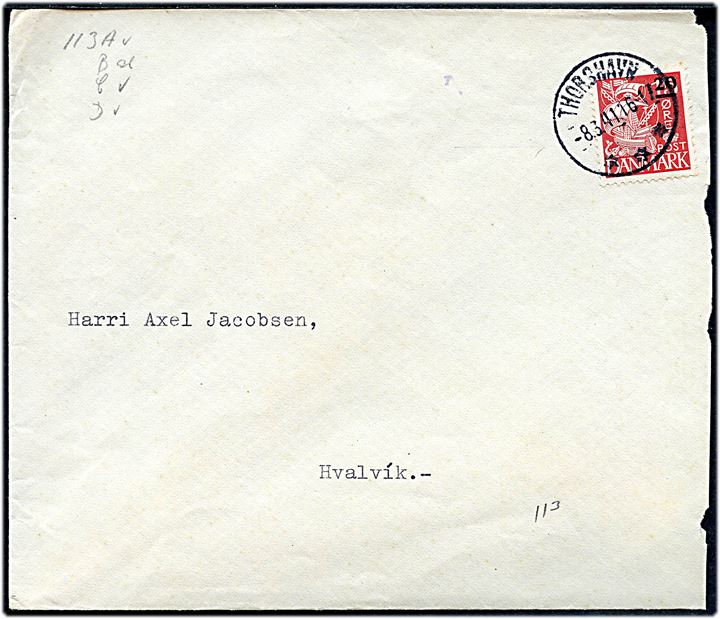 20/15 øre Provisorium på brev annulleret med brotype IIIc Thorshavn d. 8.3.1941 til Hvalvik.