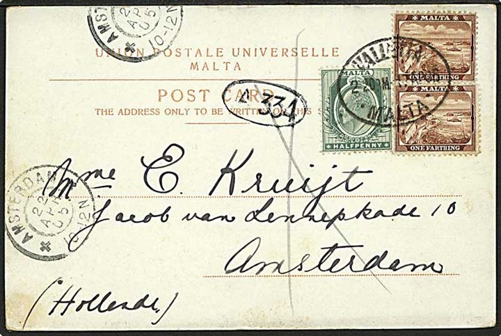 1/4d Valletta havn (2) og ½d Edward VII på brevkort fra Valletta d. 17.4.1905 til Amsterdam, Holland.