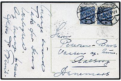20 pfg. Fælles udg. i parstykke på brevkort (Flensburg Dampskibspavillon) fra Flensburg d. 11.6.1920 til Aalborg, Danmark.