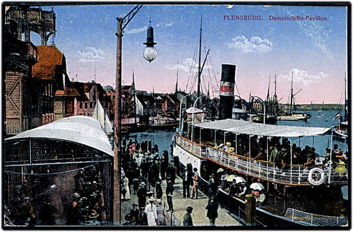 20 pfg. Fælles udg. i parstykke på brevkort (Flensburg Dampskibspavillon) fra Flensburg d. 11.6.1920 til Aalborg, Danmark.