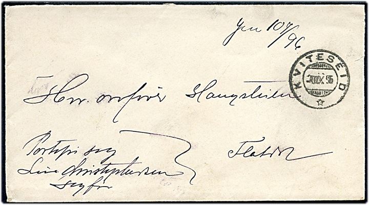 Ufrankeret tjenestebrev påskrevet Portofri Sag stemplet Kviteseid d. 20.9.1895.
