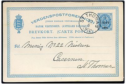 1 cent 1902/2 cents provisorisk helsagsbrevkort stemplet St. Thomas d. 17.6.1902 til menig soldat no. 22 Nielsen, Casernen, St. Thomas.