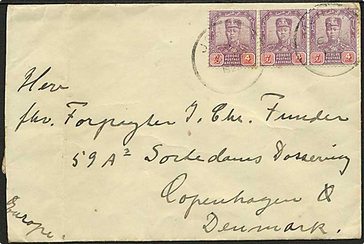 Johore. 4 c. i 3-stribe på brev fra Johore d. 6.9.1928 via Singapore til København, Danmark.