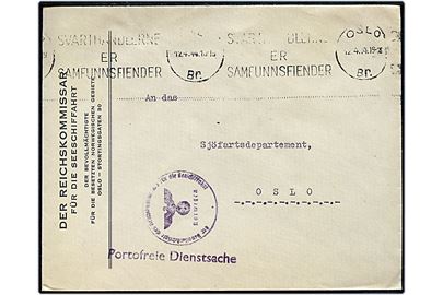 Ufrankeret fortrykt kuvert fra Der Reichskommissar für die besetzten norwegischen Gebiete med briefstempel sendt som lokal protofri tjenestepost i Oslo d. 12.4.1944