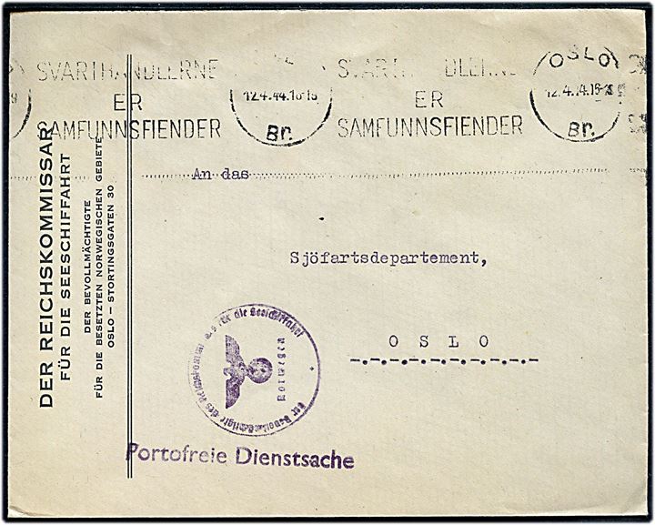 Ufrankeret fortrykt kuvert fra Der Reichskommissar für die besetzten norwegischen Gebiete med briefstempel sendt som lokal protofri tjenestepost i Oslo d. 12.4.1944