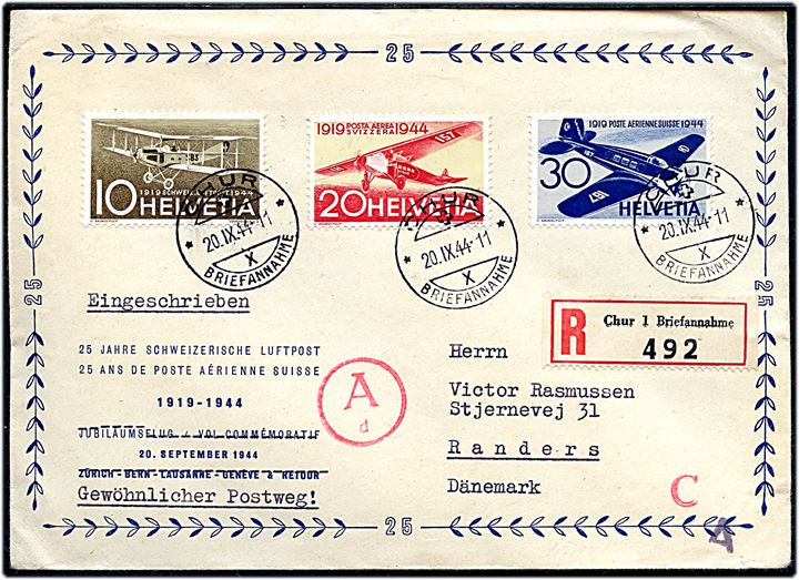 Komplet sæt Flyvning på filatelistisk anbefalet brev fra Chur d. 20.9.1944 til Randers, Danmark. Passér stemplet ved den tyske censur i München.
