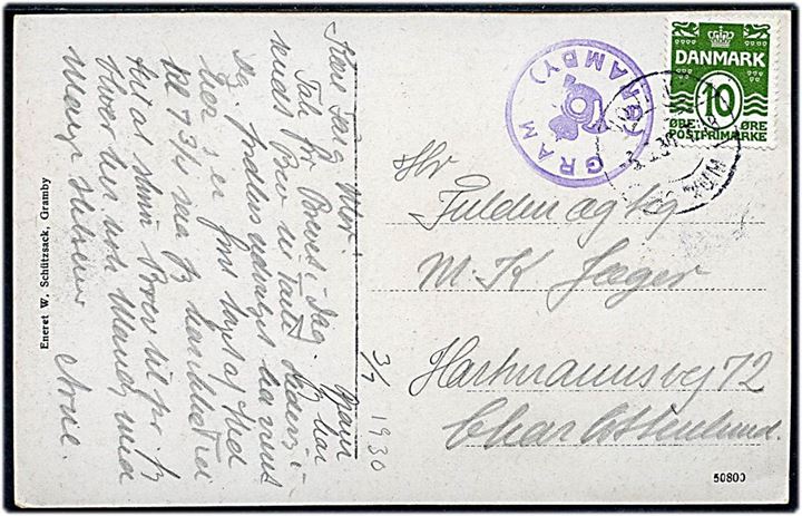 10 øre Bølgelinie på brevkort (Flagudsmykning i Gram) annulleret med bureaustempel Vojens - Arnum T.48 d. 3.1.1930 og sidestemplet med posthornstempel GRAM (GRAMBY) til Charlottenlund.