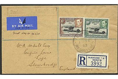 10 c. og 1 sh. George VI på FDC sendt som anbefalet 2. kl. luftpostbrev fra Nairobi d. 1.2.1952 til England.