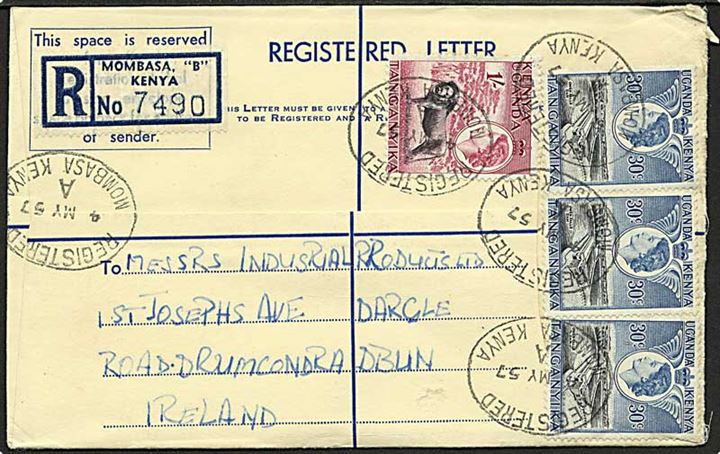 30 c. (3) og 1 sh. Elizabeth på anbefalet brev fra Mombassa d. 4.5.1957 til Irland.