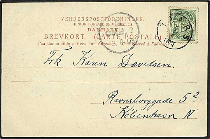 5 øre Våben på brevkort (Svanelunden i Hjørring) annulleret med lapidar stempel Taars d. 2.8.1903 til København.