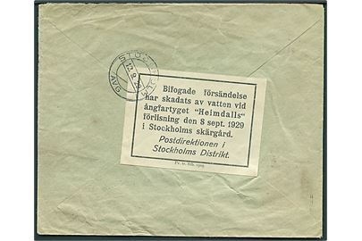 Tysk 25 pfg. Goethe på brev fra Erfurt d. 6.9.1929 til Helsingfors, Finland. På bagsiden etiket: “Bifogade försändelse har skadats av vatten vid ångfartyget “Heimdalls” förlisning den 8 sept. 1929 i Stockholms skärgård.” stemplet Stockholm d. 12.9.1929.