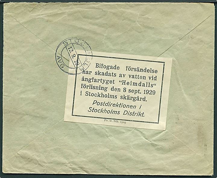 Tysk 25 pfg. Goethe på brev fra Erfurt d. 6.9.1929 til Helsingfors, Finland. På bagsiden etiket: “Bifogade försändelse har skadats av vatten vid ångfartyget “Heimdalls” förlisning den 8 sept. 1929 i Stockholms skärgård.” stemplet Stockholm d. 12.9.1929.