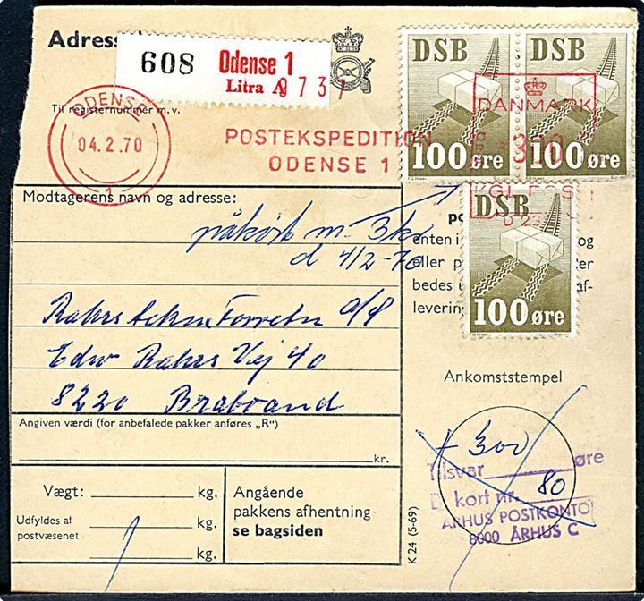 DSB 100 øre Fragtmærke (3) fejlagtigt anvendt på adressekort for postpakke og opfrankeret med 300 øre posthusfranko i Odense d. 4.2.1970 til Brabrand. 