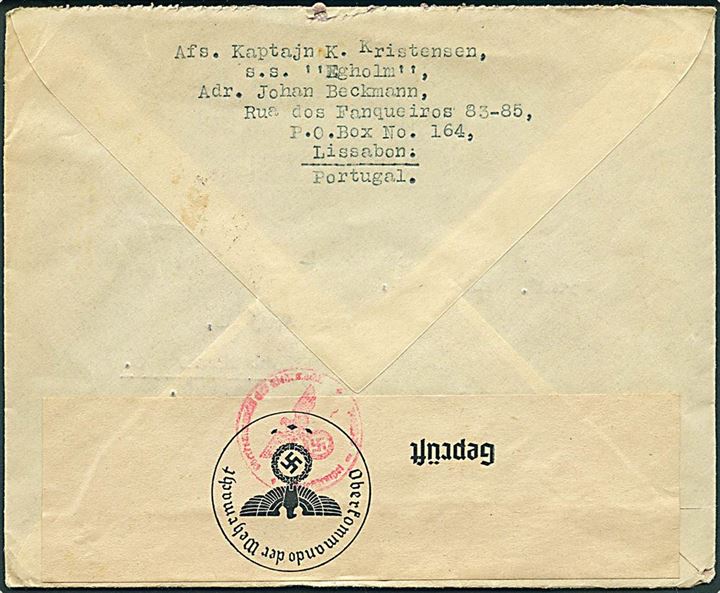 Portugisisk 3$50 frankeret luftpostbrev fra Lissabon d. 7.7.1943 til København, Danmark. Fra kaptajn ombord handelsskib S/S “Egholm” med “undercover”-adresse: Johan Beckmann, P. O. Box 164 i Lissabon. Åbnet af tysk censur i Berlin.