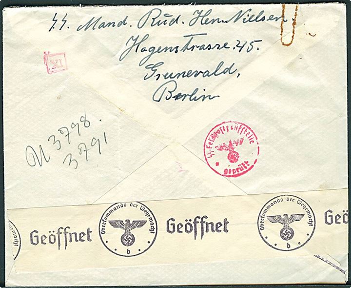 Ufrankeret feltpostbrev fra dansk SS-mann Rud. Hen. Nielsen i Berlin ca. 1942 til Brejning pr. Børkop. Brief-stempel: SS-Hauptamt 4 SS-Feldpostprüfstelle. På bagsiden SS-feldpostcensur og åbnet af tysk censur i Berlin.