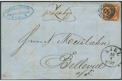 4 sk. stukken kant på brev annulleret med nr.stempel “121” og sidestemplet Kiel d. 16.8.1863 til Bellevue på Fehmern. Påskrevet: “pr. Zephyr”. Dampskibet “Zephyr” besejlede i 1863 ruten Kiel - Nakskov med anløb på Fehmern.