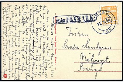 10 øre Bølgelinie på brevkort fra Rønne annulleret med svensk stempel i Ystad d. 11.7.1934 og sidestemplet “Från Danmark” til Möljaryd, Sverige. Vanskelig skibspost fra ruten Rønne-Ystad.