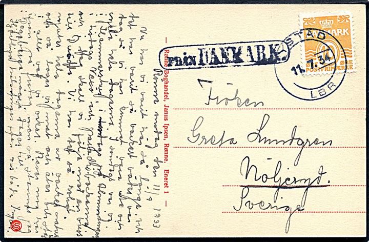 10 øre Bølgelinie på brevkort fra Rønne annulleret med svensk stempel i Ystad d. 11.7.1934 og sidestemplet “Från Danmark” til Möljaryd, Sverige. Vanskelig skibspost fra ruten Rønne-Ystad.