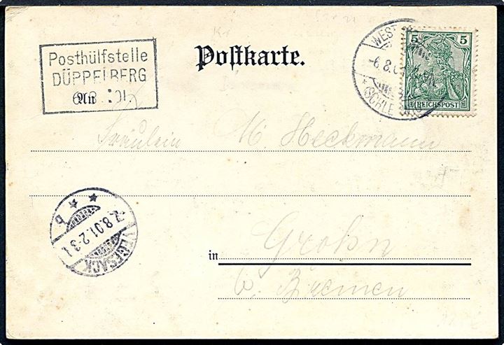 5 pfg. Germania på brevkort (Gruss von den Düppeler Schanzen) annulleret Wester Satrup *(Schleswig)* d. 6.8.1901 og sidestemplet Posthülfstelle DÜPPELBERG d. 6.8.1901 til Bremen.