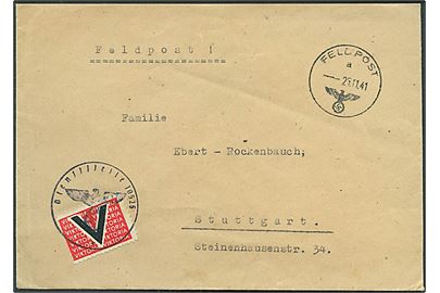 Feltpostbrev med V-Viktoria mærke stemplet Feldpost d. 25.11.1941 til Stuttgart, Tyskland. Mærkat bundet til brev af Briefstempel Feldpost-nr. 10526 = Festungs-Pionier-Stab 18 mit Kabelschalttrupp 1-3.