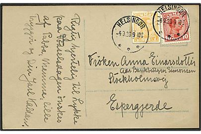 10 øre Chr. X og 7 øre Chr. X helsagsafklip på brevkort fra Helsingør d. 4.9.1920 til Espergærde.