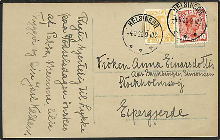10 øre Chr. X og 7 øre Chr. X helsagsafklip på brevkort fra Helsingør d. 4.9.1920 til Espergærde.