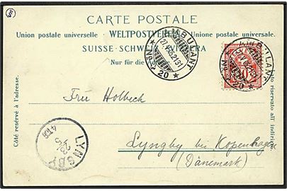10 c. på brevkort annulleret med bureaustempel Ambulante No.20 d. 27.5.1905 til Lyngby, Danmark. Ank.stemplet med lapidar Lyngby d. 28.5.1905. Ca. ½ år senere end registeret i Skilling.