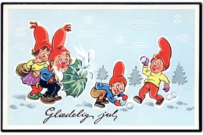 Tegnet julekort med nisser i snebold kamp. No. 519/5.