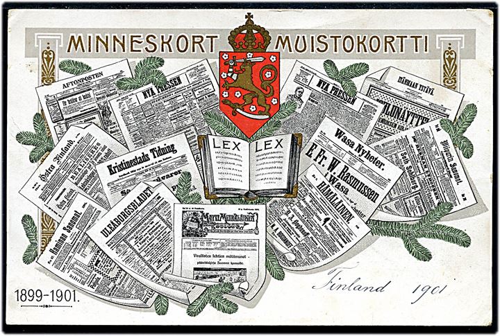 Minneskort med Finske aviser fra perioden 1899-1901. Uden adresselinier og no.