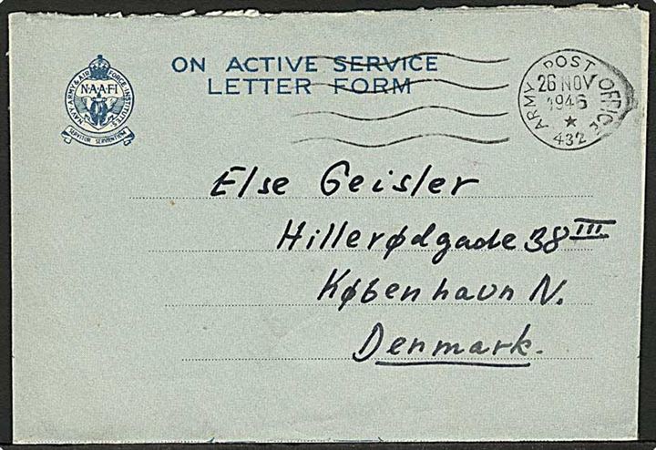 Ufrankeret britisk OAS Letter Form stemplet Army Post Office 432 d. 26.11.1946 (= Hamburg, Tyskland) til København, Danmark. 