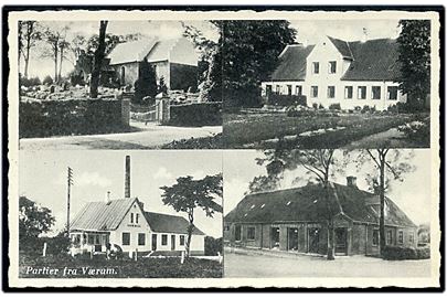 Partier fra Værum med Kirken, Mejeriet og Købmanden. N. Clemmensen no. 8098.