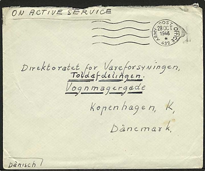 Ufrankeret britisk feltpostbrev stemplet Army Post Office 432 d. 28.10.1946 (= Hamburg) til København, Danmark. Fra dansk censor ved No. 3 District Censorship Station i Hamburg.