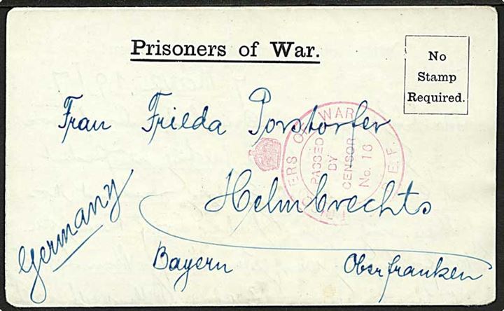 Ufrankeret krigsfange foldebrev dateret d. 7.3.1917 fra tysk krigsfange i No. 16 Prisoner of War Company, France c/o GPO London til Helmbrechts, Bayern, Tyskland. Britisk krigsfange censur.