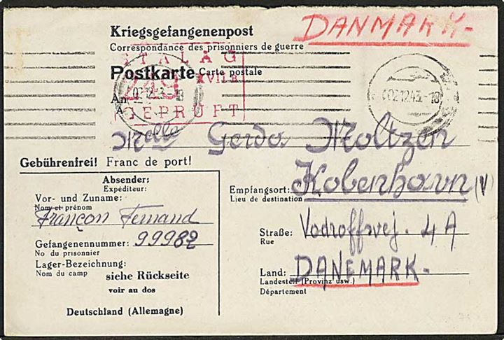 Ufrankeret spørgedel af dobbelt krigsfange brevkort med stumt stempel d. 2.12.1943 til København, Danmark. Fra fransk krigsfange i Stalag XVIIB (= Gneixendorf) med rød lejrcensur.