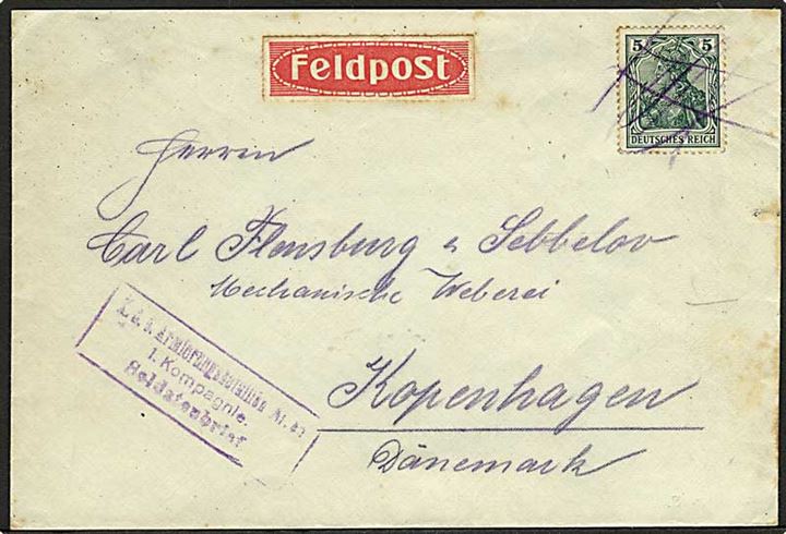 5 pfg. og 2½ pfg. (6) Germania på for- og bagside af frankeret feltpostbrev annulleret med blyant fra K. d. 5. Armierungsbatallion No.85 til København, Danmark.