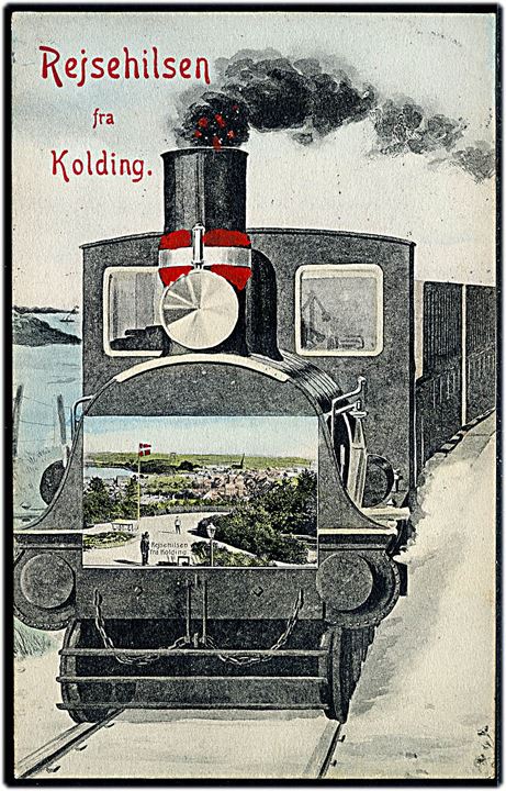 Kolding, Rejsehilsen med damptog og prospekt. Stenders no. 4738