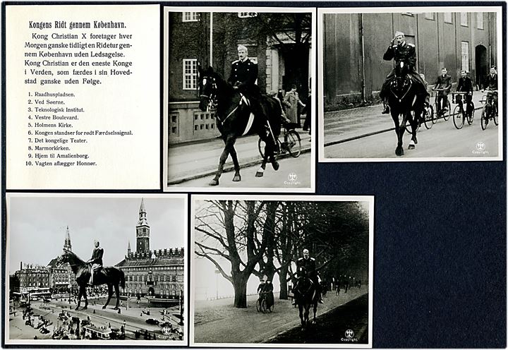 Chr. X ridt gennem København. Mappe med 10 billeder hovedsagelig med kongen til hest. Flere med sporvogne. A. Vincent u/no .