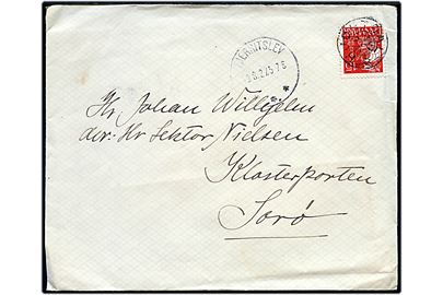 15 øre Karavel på brev annulleret med stjernestempel HJORTDAL og sidestemplet Fjerritslev d. 13.8.1927 til Sorø.