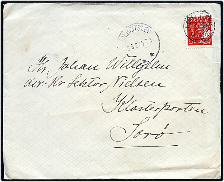 15 øre Karavel på brev annulleret med stjernestempel HJORTDAL og sidestemplet Fjerritslev d. 13.8.1927 til Sorø.