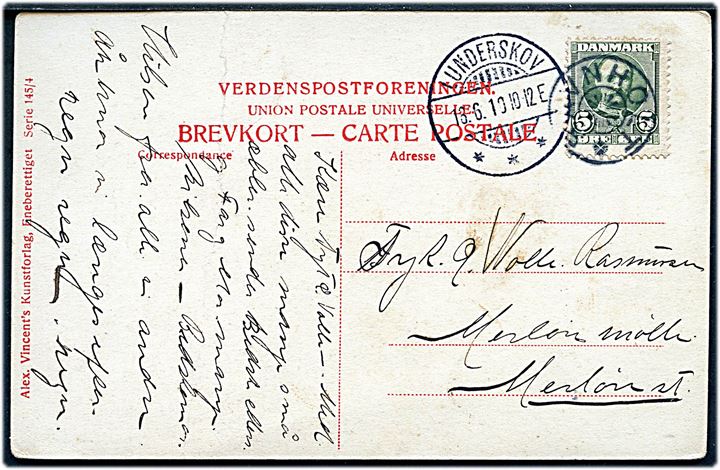 5 øre Fr. VIII på brevkort annulleret med stjernestempel RAVNHOLT og sidestemplet Lunderskov d. 18.6.1910 til Merløse.