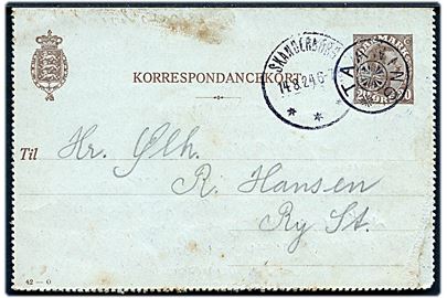 20 øre Chr. X helsags korrespondancekort (fabr. 42-O) annulleret med stjernestempel TAANING og sidestemplet Skanderborg d. 14.8.1924 til Sy St.