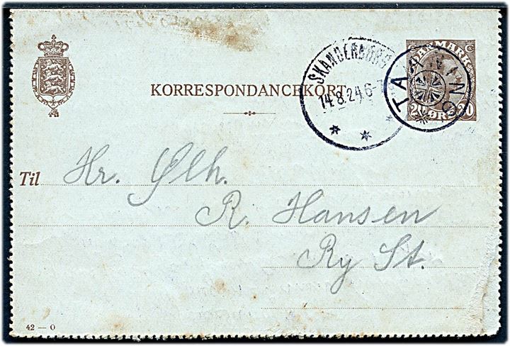 20 øre Chr. X helsags korrespondancekort (fabr. 42-O) annulleret med stjernestempel TAANING og sidestemplet Skanderborg d. 14.8.1924 til Sy St.