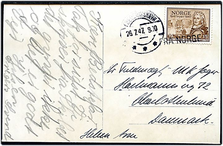 15 øre Postjubilæum på brevkort (Larvik) annulleret med skibsstempel Fra Norge og sidestemplet i Frederikshavn d. 26.7.1947 til Charlottenlund, Danmark.