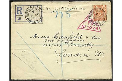 2d George V på anbefalet feltpostbrev stemplet Army Post Office R.2 (2nd Corps Railhead) d. 6.9.1915 via Base Army Post Office 3 til London. Fra fransk tolk ved de britiske styrker på Vestfronten.
