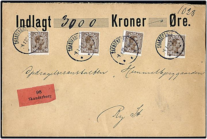 20 øre Chr. X (4) på 80 øre frankeret værdibrev fra Skanderborg d. 4.1.1923 til Himmelbjerggaarden pr. Ry St.